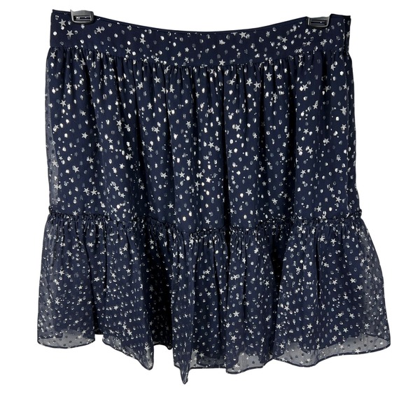 kate spade Dresses & Skirts - Kate Spade Silk Blend Mini Skirt Sz 6 Starry Sky Print Tiered Ruffle Navy Silver